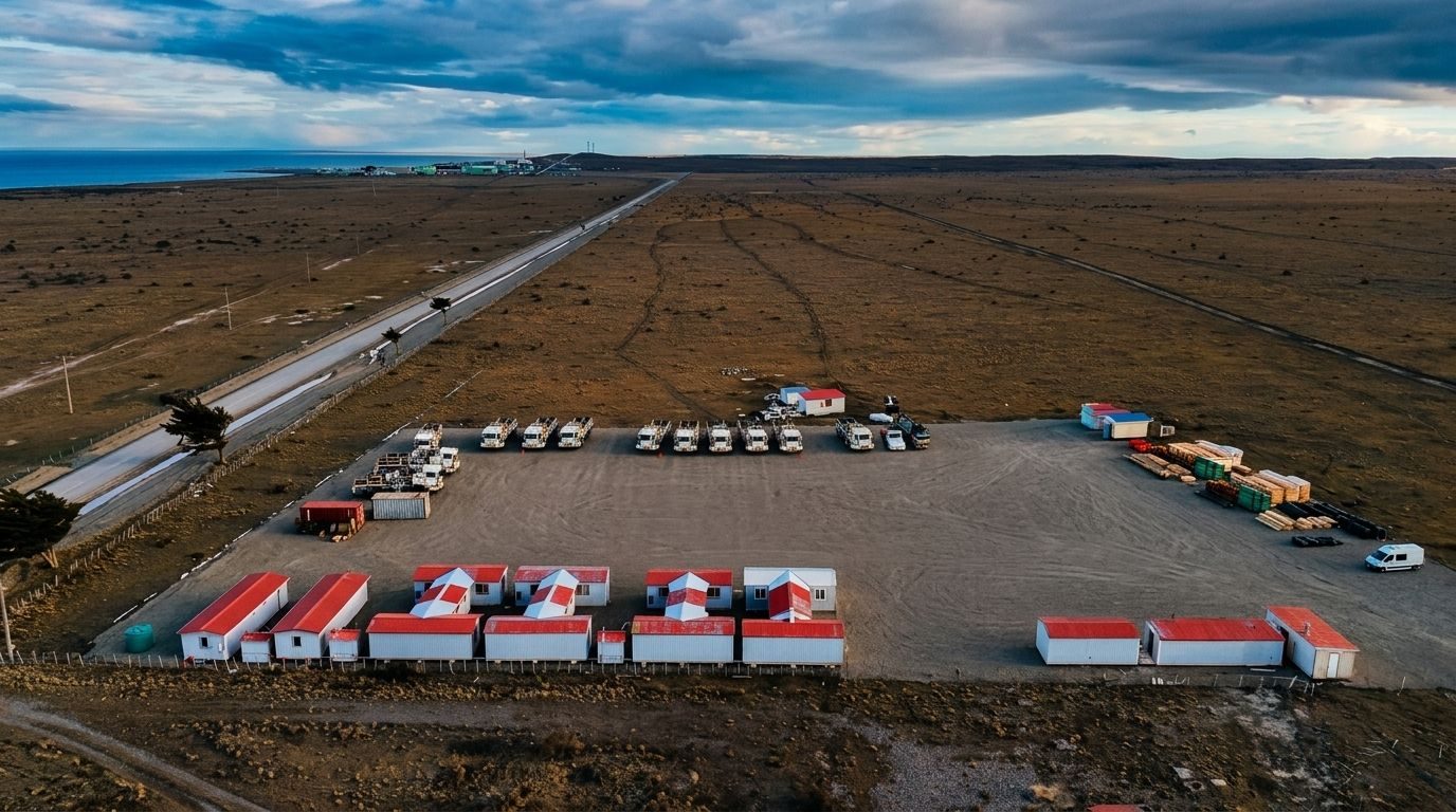 Vista aérea del campamento de Nueva Minería en la pampa de San Gregorio