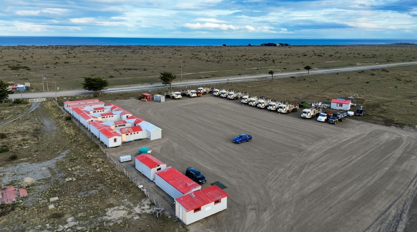 Camiones de alto tonelaje en la cancha del campamento