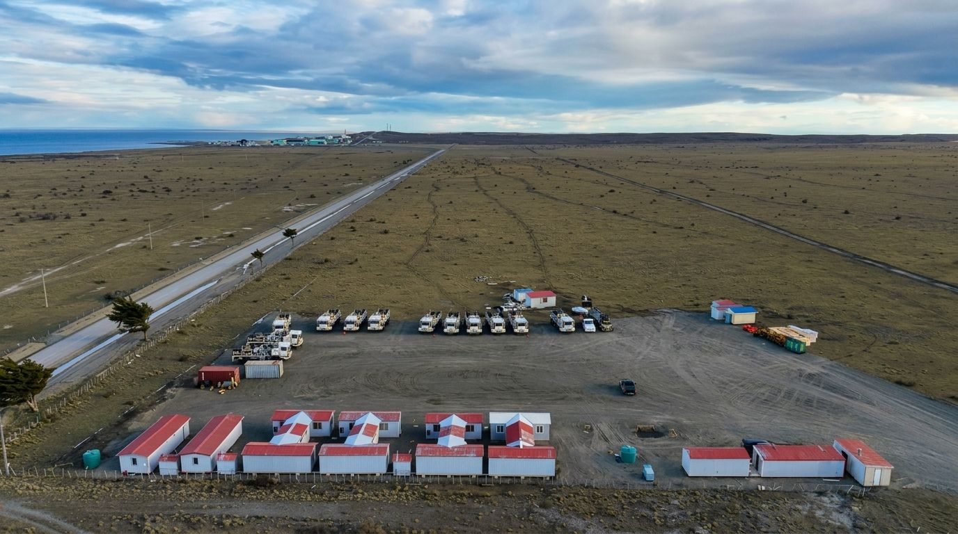 Módulos habitacionales y camiones en el campamento